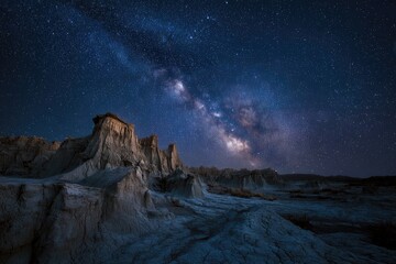A vast night sky, Milky Way arches over a rocky, desert-like landscape