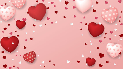 Heart balloons many designs floated with heart confetti rained down on pink background