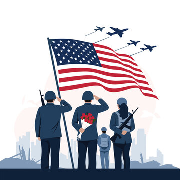 Three soldiers in uniform saluting a large waving American flag while military planes fly in formation above a ruined city skyline.