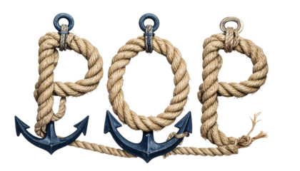 POP" written in rope, with anchors holding down the letters