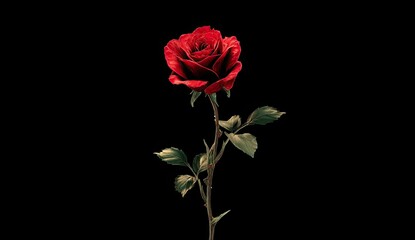 A single, vibrant red rose on a stem with leaves against a stark, black backdrop