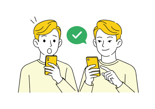 Two men comparing smartphones - Lifestyle Illustration, Flat Line Art, Flat Style Illustration, Flat Line Illustration, Cartoon Line Illustration, Modern Outline Flat Illustration