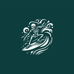 Illustration of a skeleton logo surfing on the waves