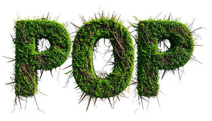 Three leafy letters, "POP," outlined with twigs on a black background