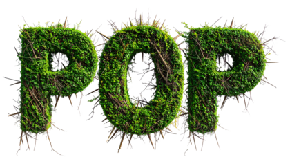 Three leafy letters, "POP," outlined with twigs on a black background