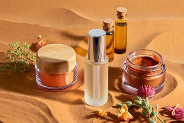 Natural skincare products in sandy landscape with flowers