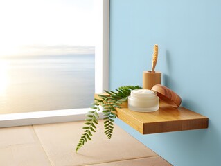 Natural skincare products on a wooden shelf near the window