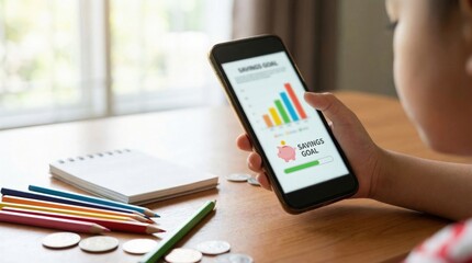 Child Cost Planning concept. Child tracking savings goal on a smartphone at a table with coins and stationery.