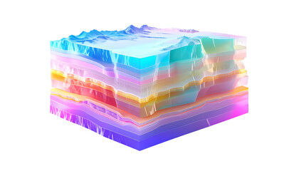 A cross-section of colorful, layered earth or land mass