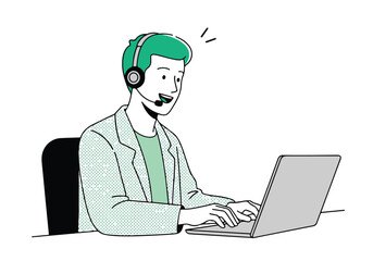 Customer support specialist working on laptop - Lifestyle Illustration, Flat Line Art, Flat Style Illustration, Flat Line Illustration, Cartoon Line Illustration, Modern Outline Flat Illustration