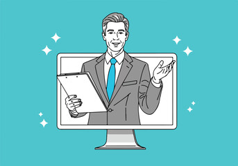 Businessman presenting on computer screen - Lifestyle Illustration, Flat Line Art, Flat Style Illustration, Flat Line Illustration, Cartoon Line Illustration, Modern Outline Flat Illustration