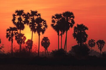 Silhouetted palm trees against a fiery, orange sunset with a hint of mist