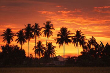 Silhouette of palm trees against a fiery, colorful sunset sky over a field