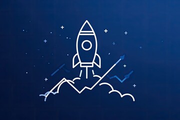 A white rocket blasting off against a dark blue background with graphical rising lines