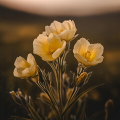 Delicate yellow wildflowers blooming in nature beautiful landscape soft evening light serenity and peace