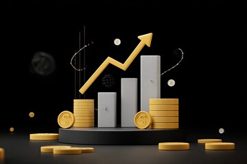 Animated financial presentation featuring rising bar graph, coins, and floating elements against black