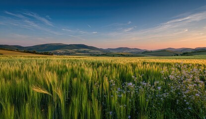Golden hour illuminates a vibrant field, rolling hills in background under a blue sky