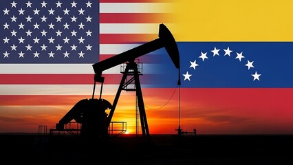 Oil pumpjack silhouette against US and Venezuelan flags at sunset