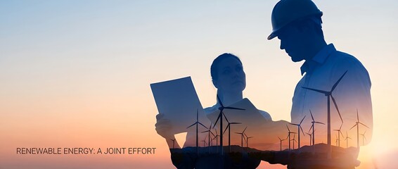 Silhouetted engineers in hard hats review plans against a sunset sky with wind turbines symbolizing renewable energy generation in a collaborative effort wind energy sustainability