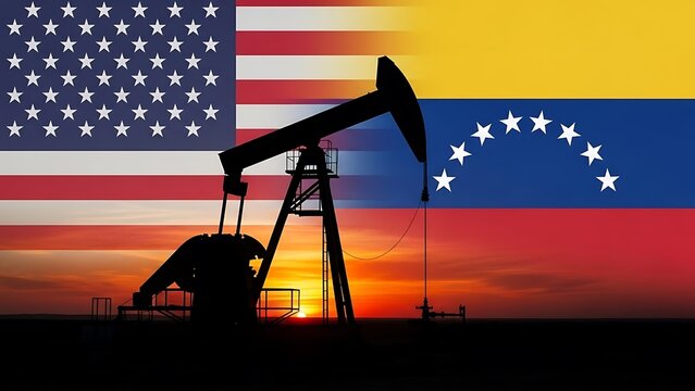 Oil pumpjack silhouette against US and Venezuelan flags at sunset