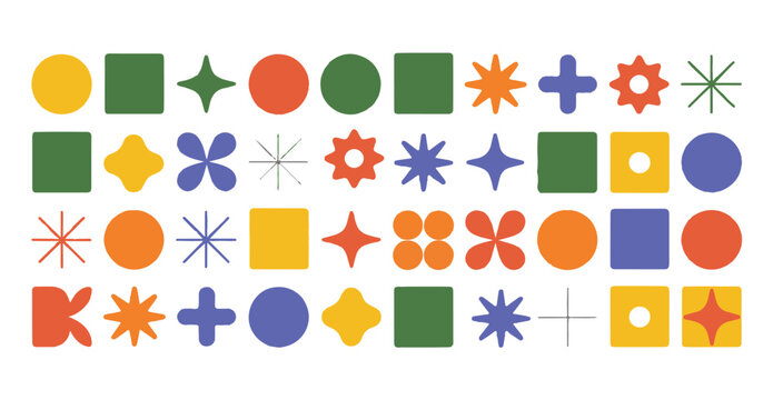 Colorful geometric shapes and abstract forms on white background playful style