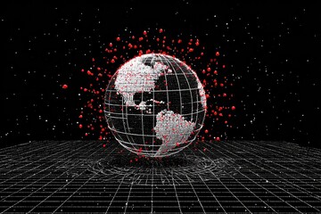 Wireframe globe with red points & surrounding spheres, atop a grid, starry background