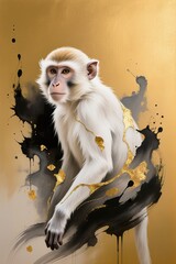 Artistic white Monkey with abstract ink splashes, luxury eastern painting style, gold foil accents floating across the form, symbolic and elegant, warm golden background