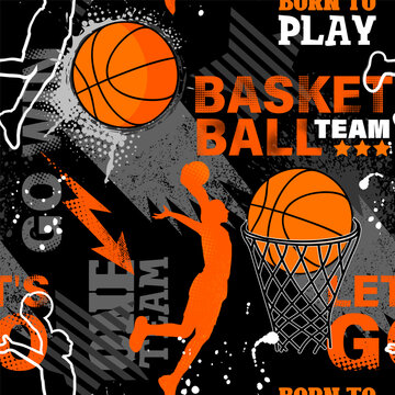 Basketball vector seamless pattern. Sport print design for boy on black background