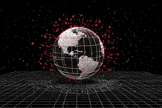 Wireframe globe with red points & surrounding spheres, atop a grid, starry background - Powered by Adobe