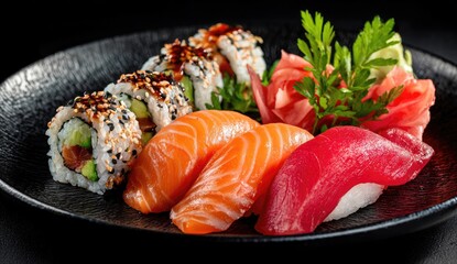 Close-up of sushi assortment, including rolls, salmon, and tuna nigiri, on a dark plate