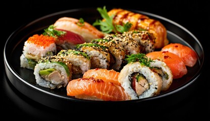 A diverse platter of colorful sushi rolls, nigiri, and maki on a black plate