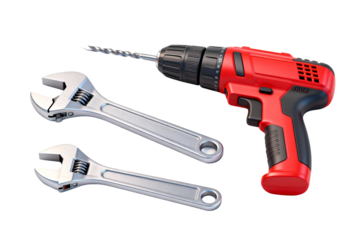 Red Drill with Adjustable Wrenches on White