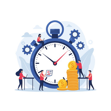 Professionals manage their time and increase productivity while working around a giant stopwatch with coins and gears.