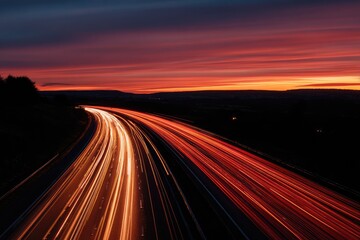 Long exposure shot of a highway with light trails beneath a fiery, colorful sunset