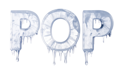 Icy "POP" letters with dripping icicles on a transparent black background