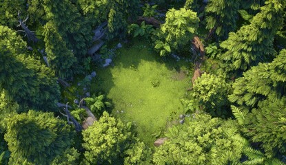 Aerial view of a lush green clearing surrounded by a vibrant, dense forest