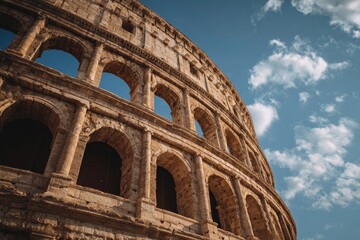 Obraz premium Close-up of aged stone amphitheater with arched openings against a cloudy sky