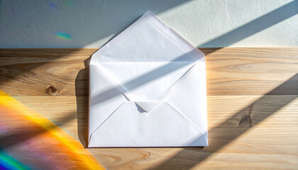 An Open Letter: An inviting open envelope sits atop a textured wooden surface, with a play of light and shadow dancing across its crisp, clean lines, and an interesting view.