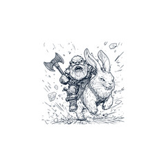 Obraz premium Dynamic vintage hand-drawn engraving of a fierce bearded dwarf warrior wielding a large battle axe and riding a giant, charging rabbit into battle.