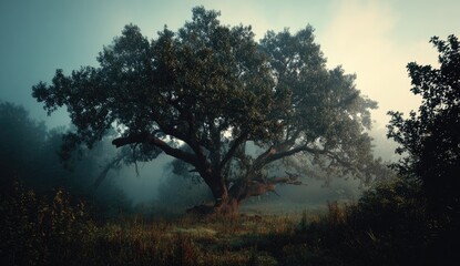 A majestic tree bathed in soft light amidst a misty, ethereal forest landscape