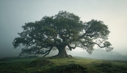 An ancient, sprawling tree dominates a grassy field in a misty, ethereal landscape