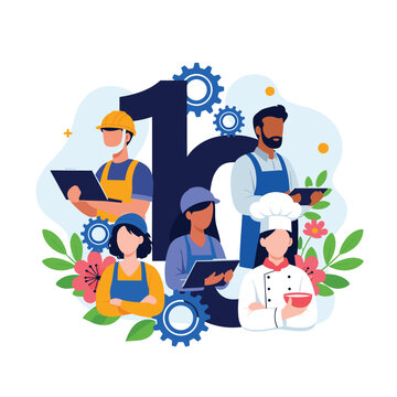 Celebrating a decade of success with a group of diverse professionals standing around a giant number ten decorated with flowers.