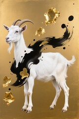 Mythical white goat in eastern fantasy art style, glowing soft fur, flowing mane, gold foil patterns, expressive ink splashes, sacred and graceful mood, warm golden backdrop, ultra high detail