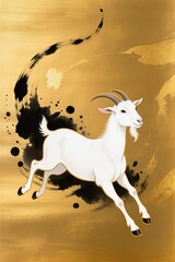 Mythical white goat in eastern fantasy art style, glowing soft fur, flowing mane, gold foil patterns, expressive ink splashes, sacred and graceful mood, warm golden backdrop, ultra high detail