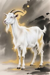 Mythical white goat in eastern fantasy art style, glowing soft fur, flowing mane, gold foil patterns, expressive ink splashes, sacred and graceful mood, warm golden backdrop, ultra high detail