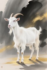 Mythical white goat in eastern fantasy art style, glowing soft fur, flowing mane, gold foil patterns, expressive ink splashes, sacred and graceful mood, warm golden backdrop, ultra high detail