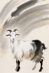 Mythical white goat in eastern fantasy art style, glowing soft fur, flowing mane, gold foil patterns, expressive ink splashes, sacred and graceful mood, warm golden backdrop, ultra high detail