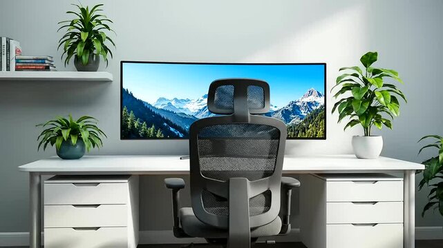 Modern home office with an ultrawide monitor and ergonomic chair, showcasing an efficient workspace design for comfort and productivity.
