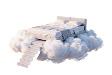 Bed on Clouds with Stairs, Surreal Scene