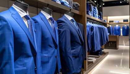Mens Blue Suits Displayed in a Modern Retail Store.